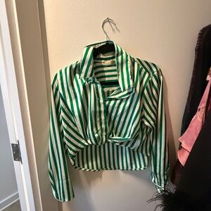 Striped Green Cropped Button-Front Shirt Jacket